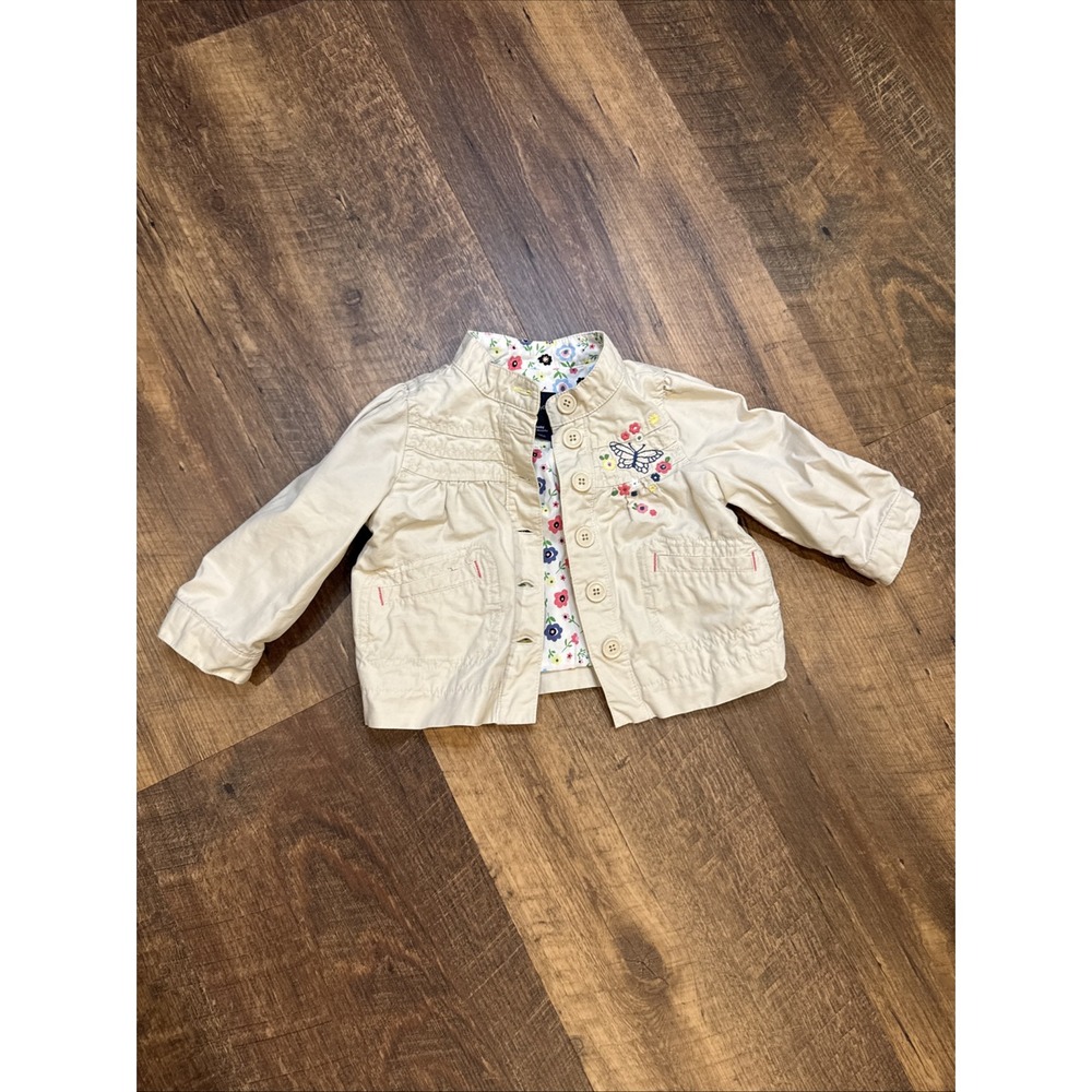 Baby Gap Girls Khaki Spring Jacket Floral Lined Lightweight Coat 12-18M